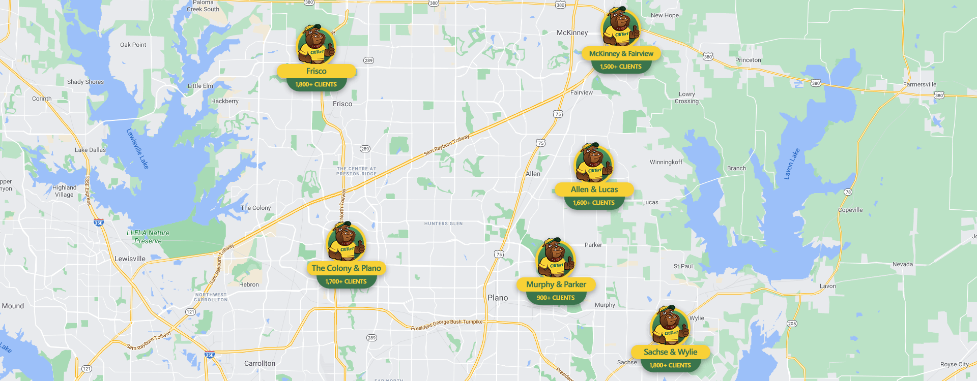 CitiTurf customers map for Allen, Frisco, Plano, and nearby areas in Texas.