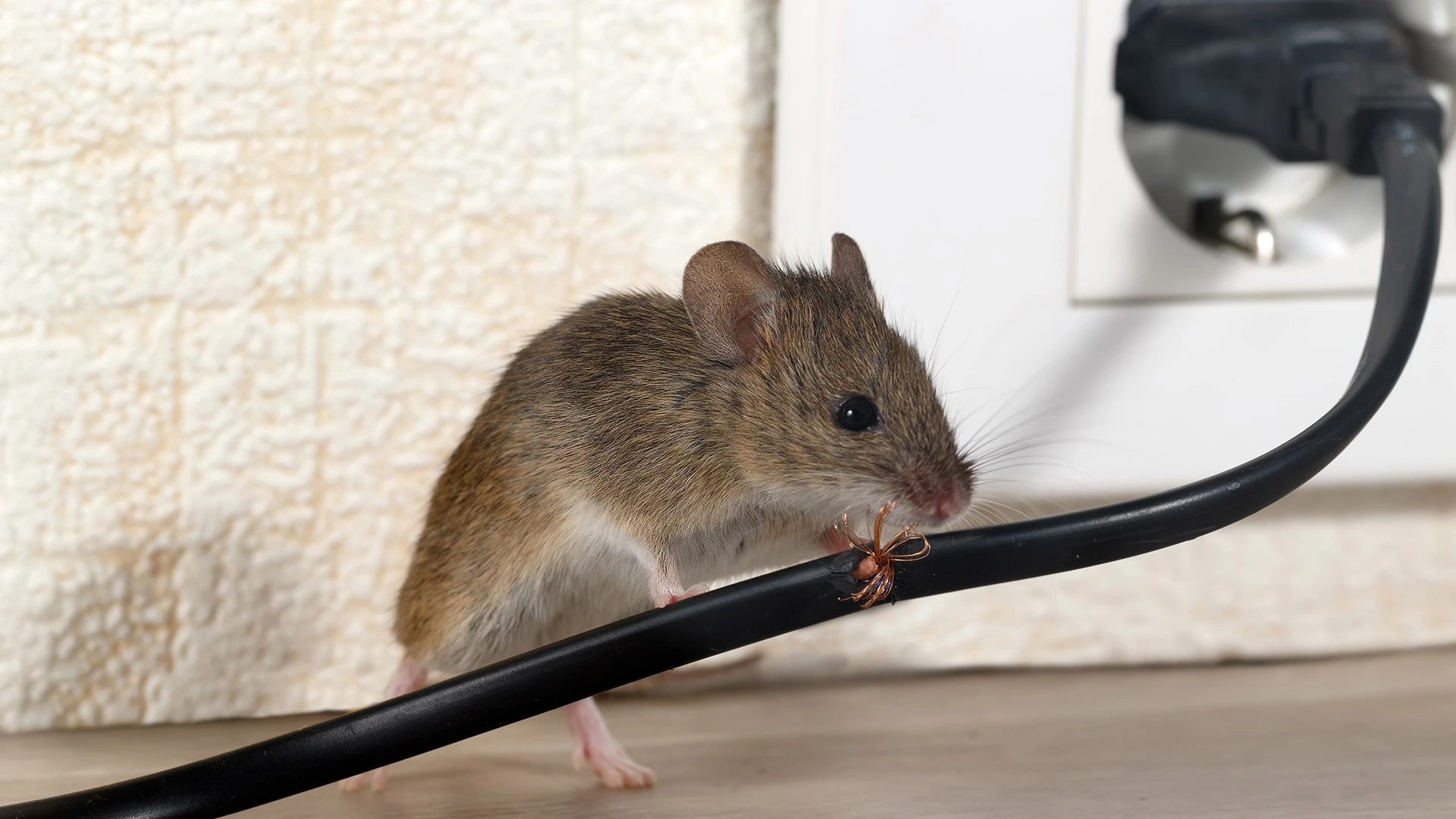 Mouse looking at spider on electrical chord in Wylie, TX.