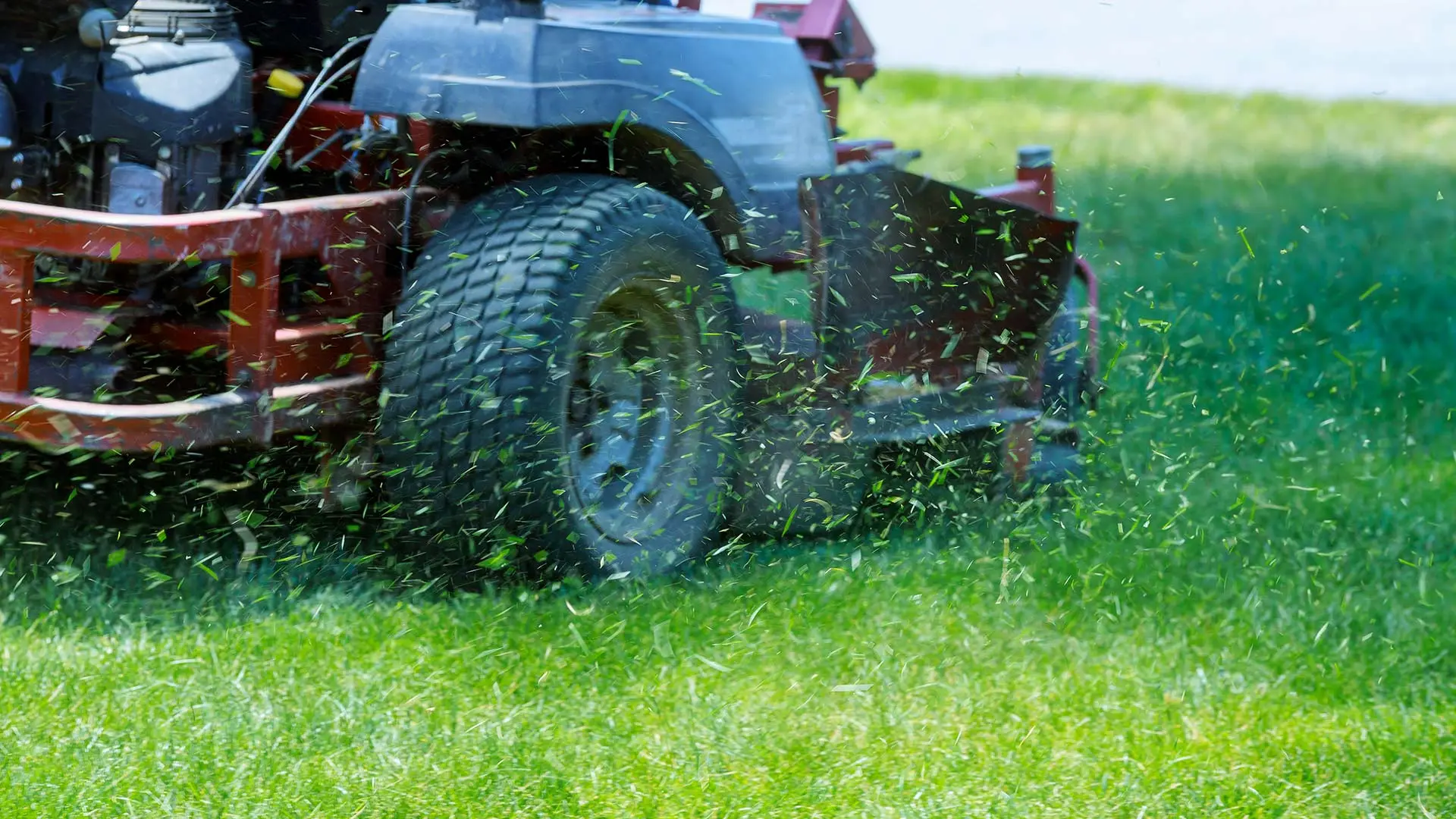 Lawn mower mowing grass up close in Fairview, TX.