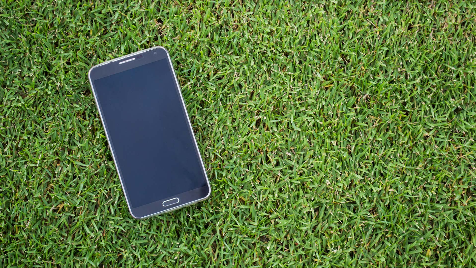 A smart phone laying in the grass. 