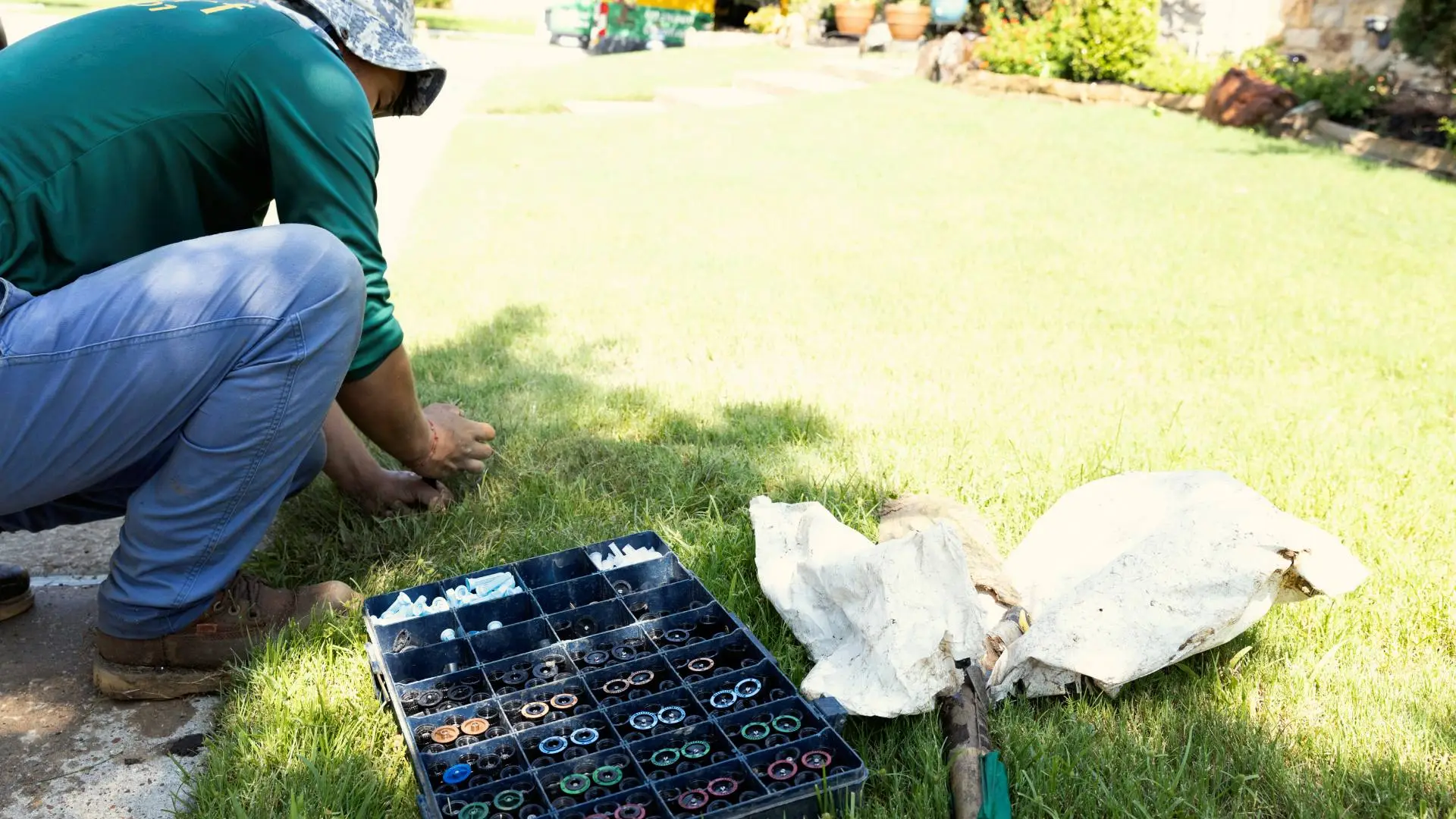 Cititurf professional repairing a sprinkler head in lawn in Frisco, TX.