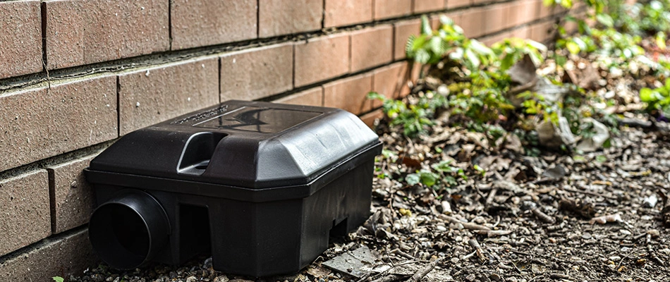 Bait trap placed on side of a property in Allen, TX.