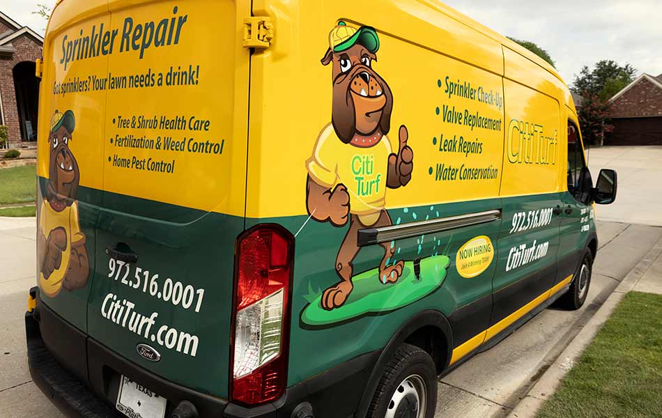 CitiTurf irrigation repair van at a home in Wylie, TX.