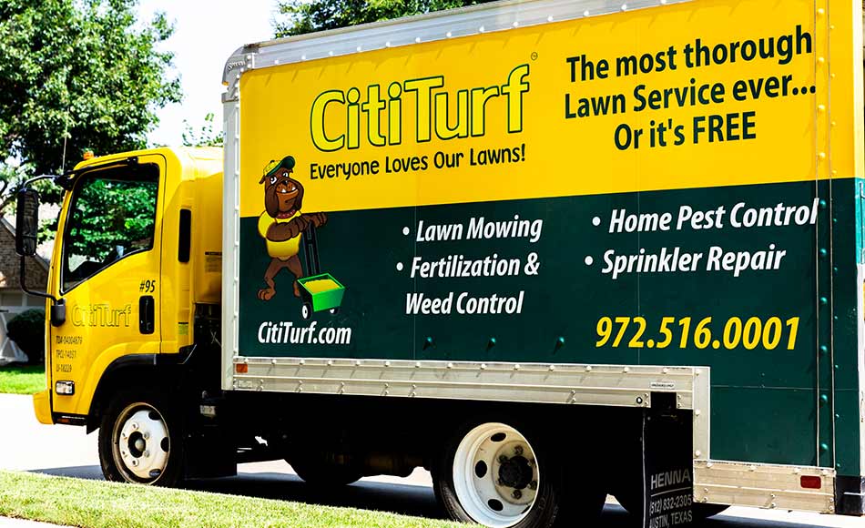 CitiTurf weed control truck servicing a Plano, TX residence.