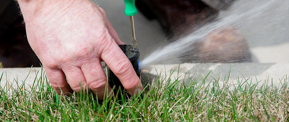 Irrigation sprinkler head broken and being repaired by an expert near Fairview, TX and nearby areas.