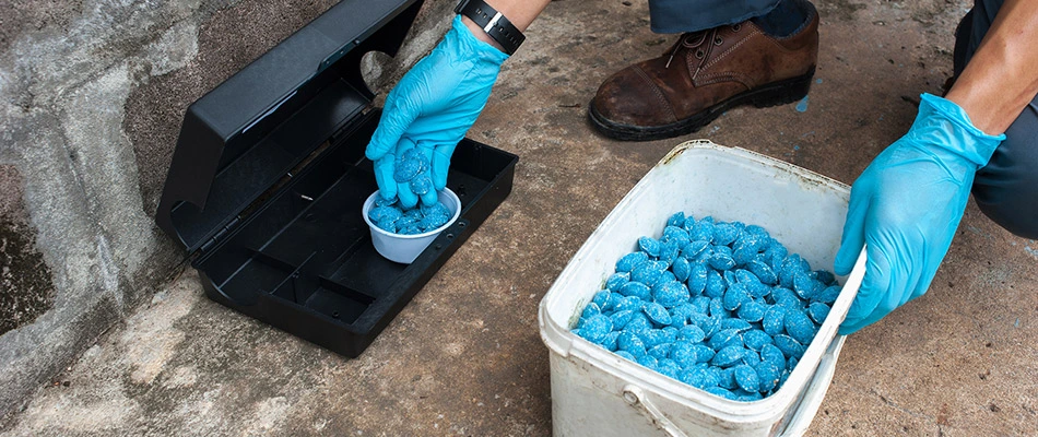 Pest control specialist applying rodent bait in station near Frisco, TX.