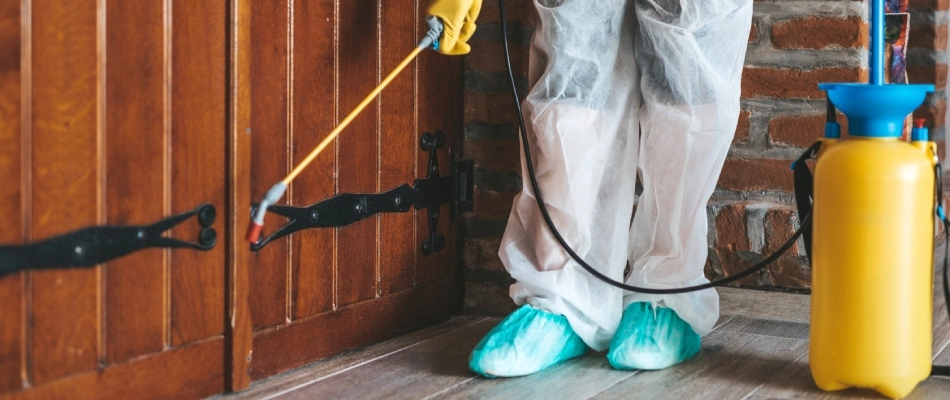 Professional applying perimeter pest control to doors in Wylie, TX.