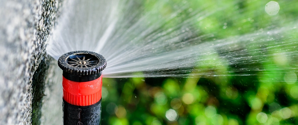 A sprinkler watering lawn and landscape in Richardson, TX.